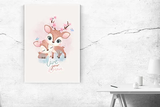 Kunstdruck Rehe – Zwei Rehkitze mit der Botschaft „live your dream.“