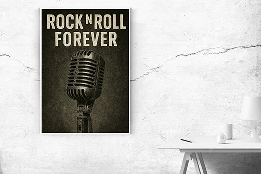 Kunstdruck Rock-n-Roll forever schwarz-weiß – Raumbeispiel 2