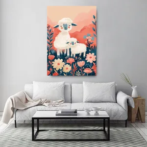 Kunstdruck Schäfchen – Schafmama und Lämmchen auf der Blumenwiese