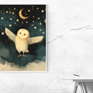 Kunstdruck Nachteule – Mit ausgebreiteten Flügeln schwebt die helle Eule über weichen Wolken, darüber ein goldener Sichelmond und viele Sterne am dunklen Nachthimmel