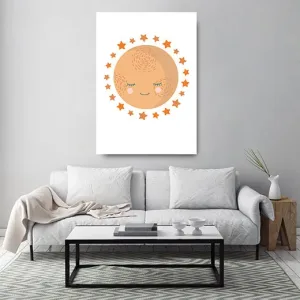 Kunstdruck Mond & Sterne – Ein runder, pfirsichfarbener Mond mit geschlossenen Augen und rosa Bäckchen ruht in der Mitte, rundum eingefasst von orangefarbenen Sternen auf weißem Grund