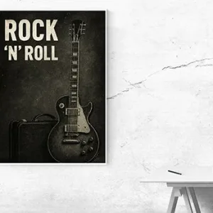 Kunstdruck Rock-n-Roll Gitarre schwarz-weiß – Raumbeispiel 2