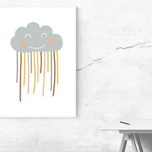 Kunstdruck Wolke – Die graue Wolke mit fröhlichem Gesicht lässt lange Regenstreifen in Rostrot, Senfgelb, Rosé und Petrol auf weißen Grund fallen