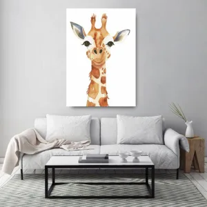 Kunstdruck Giraffe – Frontal und mit großen Augen blickt der Giraffenkopf aus dem weißen Bild, das Fell in leuchtendem Orange und Braun ist im lockeren Aquarellstil gemalt
