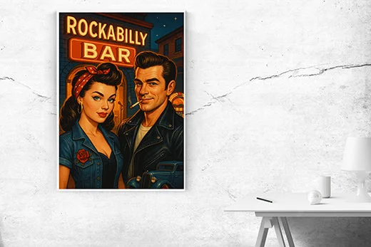 Kunstdruck Rockabilly-Bar Pärchen – Raumbeispiel 2