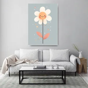 Kunstdruck freundliche Blume hellblau – Eine lächelnde Blume auf zartem Hellblau