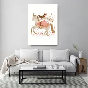 Kunstdruck reitende Prinzessin – Eine kleine Prinzessin reitet auf einem Einhorn