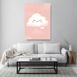 Kunstdruck freundliche Wolke – Eine weiße, fluffige Wolke mit fröhlichem Gesicht und rosa Wangen schwebt über einem zarten Rosa voller winziger Sterne, begleitet von einem kleinen Wölkchen