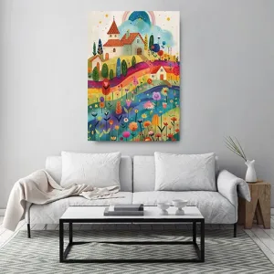 Kunstdruck Regenbogen-Hügel – Bunte Hügel, Blumen und ein kleines Dorf