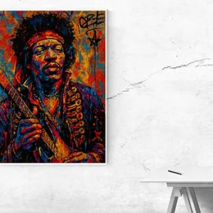 Kunstdruck Jimmy – Jimmy mit Stirnband und Gitarre – Rockkunst voller Farbe