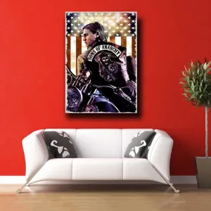 Kunstdruck Sons of – Biker auf schwerer Maschine vor der US-Flagge