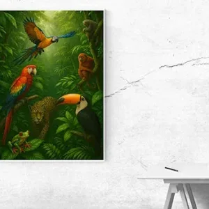 Kunstdruck Dschungel Tiere – Leben im Regenwald – Aras, Tukan und Raubkatze im Dickicht