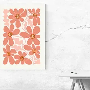 Kunstdruck rosa Blumen – Dicht an dicht verteilen sich lachsrosa Blüten mit orangefarbener Mitte über das Bild, dazwischen schlängeln sich wellige Formen in zartem Rosé