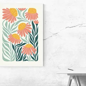 Kunstdruck Blumen rosa – Fünf Blüten mit korallenroten Blättern und gelben, gepunkteten Körbchen recken sich zwischen mintgrünen und petrolfarbenen Blättern empor