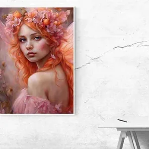 Kunstdruck rosa Elfe – Rotgoldene Locken, ein Kranz aus rosa Blüten, zarte Flügel und ein Blick über die Schulter tauchen das Motiv in romantische Rosé- und Pfirsichtöne