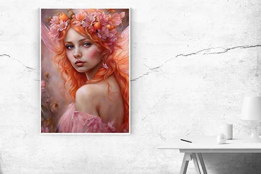 Kunstdruck rosa Elfe – Rotgoldene Locken, ein Kranz aus rosa Blüten, zarte Flügel und ein Blick über die Schulter tauchen das Motiv in romantische Rosé- und Pfirsichtöne