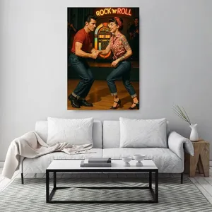 Kunstdruck Rock-n-Roll Tanz-Paar – Rock'n'Roll-Paar tanzt vor der leuchtenden Jukebox