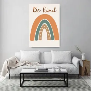 Kunstdruck Regenbogen be kind – Unter dem handgeschriebenen Spruch „Be kind“ spannt sich ein Regenbogen aus Orange, Petrol und Karamell, der innere Bogen ist mit hellen Punkten verziert