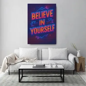 Kunstdruck believe in yourself – Orangerote Leuchtbuchstaben mit blauem Glow formen „BELIEVE IN YOURSELF“ vor einer dunkelblauen Ziegelwand, begleitet von violetten Zickzack-Linien