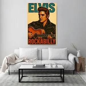 Kunstdruck Elvis-Rockabilly 2 – Im gleichen Plakatstil wie das Mikrofon-Motiv, doch hier greift der Musiker mit Tolle und schwarzer Jacke in die Saiten einer honigfarbenen Gitarre