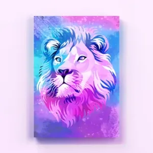Kunstdruck Waterlion – Mähne und Gesicht dieses Löwen lösen sich in fließenden Aquarell-Tönen aus Rosa, Flieder und Türkis auf, feine Farbspritzer umspielen den Hintergrund