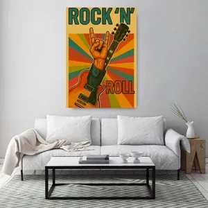 Kunstdruck Rock-n-Roll Plakat bunt – Rock-Hand und Gitarre vor bunten Retro-Strahlen