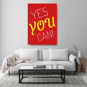 Kunstdruck yes you can rot – Das „YOU“ in fetter gelber Schreibschrift bildet das Herz des Spruchs „YES YOU CAN!“, eingerahmt von schlanken weißen Versalien auf rotem Grund