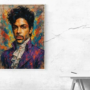 Kunstdruck Prince – Schwarze Locken, ernster Blick, eine weiße Rüschenbluse und ein violetter Mantel, dahinter eine Ziegelwand mit Farbspritzern in Gelb, Rot und Blau