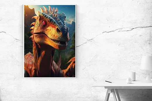 Kunstdruck Dino – Rote Augen, schuppige Haut in Orange und Rostbraun und ein blau gezackter Kamm: Dieser Dinosaurier blickt dich aus einer nebligen Felslandschaft direkt an