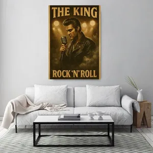 Kunstdruck King of Rock-n-Roll 1 – Ein Sänger mit Tolle und Lederjacke steht mit gesenktem Blick am Vintage-Mikrofon, hinter ihm schimmern Bühnenlichter durch Nebelschwaden