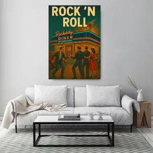Kunstdruck Rock-n-Roll Diner-Gang – Vor einem leuchtenden Diner mit Schriftzug „Rockabilly DINER“ tanzen und feiern junge Leute in Lederjacken und rotem Kleid, darüber prangt groß „ROCK 'N ROLL“