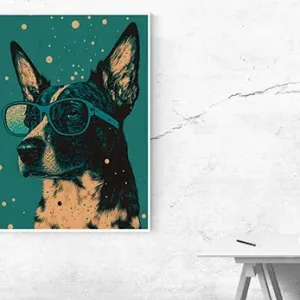 Kunstdruck Schäferhund – Aufgestellte Ohren, markante Schnauze und eine türkise Brille: Der Schäferhund erscheint in Schwarz und Apricot auf petrolfarbenem Grund, übersät mit kleinen Punkten