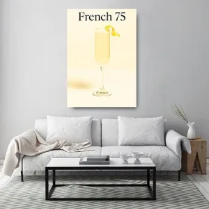 Kunstdruck French 75 – Eine hohe Champagnerflöte mit perlend hellem Drink und gedrehter Zitronenzeste steht vor zartgelbem Hintergrund, betitelt mit „French 75“ in klassischer Serifenschrift