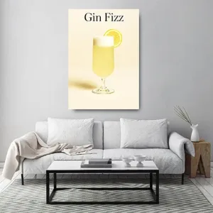 Kunstdruck Gin Fizz – Ein schlankes Stielglas mit hellgelbem, spritzigem Drink und feiner Schaumkrone trägt eine Zitronenscheibe am Rand, darüber steht zurückhaltend „Gin Fizz“