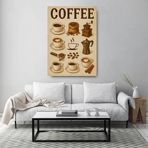 Kunstdruck Kaffee braun – Vintage-Kaffeeplakat mit liebevollen Kaffee-Illustrationen