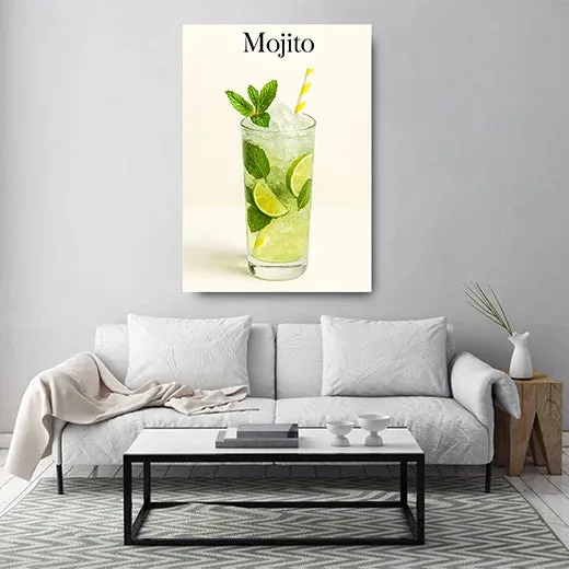 Kunstdruck Mojito 2 – Mojito mit Minze und gelb-weißem Strohhalm