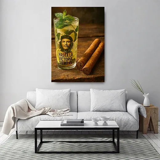 Kunstdruck Mojito Zigarren & Che – Mojito, Zigarren und Che – ein Stück Kuba auf Holz