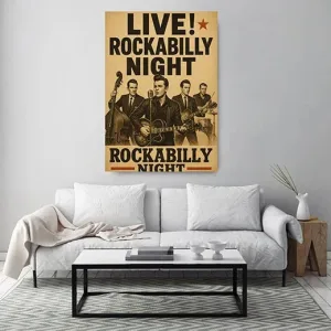 Kunstdruck Rockabilly Night Plakat – Eine Band aus vier Musikern mit Kontrabass, Gitarren und Mikrofon steht in Schwarzweiß auf vergilbtem Papier, umrahmt von großen Lettern und einem roten Stern