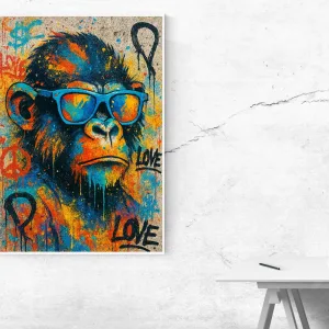 Kunstdruck Affe mit Sonnenbrille – Blaue Sonnenbrille, wilde Farbspritzer und LOVE-Schriftzüge: Dieses Streetart-Porträt eines Affen sprüht vor Energie