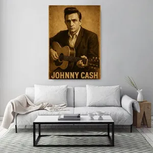 Kunstdruck Johnny Cash sepia – Gitarrist im Sepia-Ton mit „JOHNNY CASH“-Schriftzug