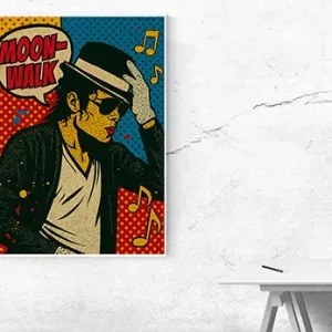 Kunstdruck M Jackson – Mit Hut, Sonnenbrille und glitzerndem Handschuh an der Krempe steht die Figur im Tanz-Pose vor roten und blauen Punktrastern, dazu Noten und eine Sprechblase