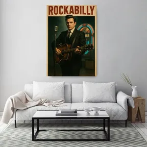 Kunstdruck Cash-Plakat Rockabilly – Unter dem rostroten Schriftzug „ROCKABILLY“ steht ein Gitarrist in Schwarz neben einem Vintage-Mikrofon, hinter ihm glimmt eine bunte Jukebox im dämmrigen Raum