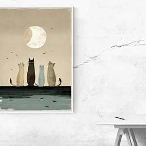 Kunstdruck Katzencrew – Vier Katzen, ein Mond – die Katzencrew beim nächtlichen Treffen