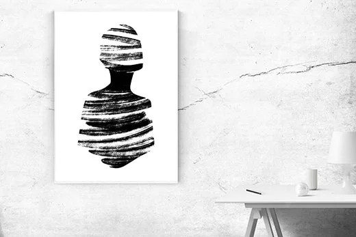 Kunstdruck schwarze Kreise II – Im Gegenstück zum ersten Motiv setzt sich die Figur aus horizontalen, trockenen Pinselbahnen zusammen, die Kopf und Schultern wie Schichten aufbauen