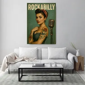 Kunstdruck Rockabilly Girl 4 – Im Unterschied zum Motiv in Türkis trägt diese Rockabilly-Lady ein Jeans-Korsett und ein oranges Tuch im Haar, ihre Arme zeigen gleich mehrere Blumen-Tattoos
