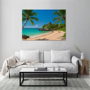 Kunstdruck Palmenstrand mit Burg – Karibik-Feeling mit Burgruine über dem Meer