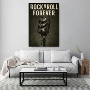 Kunstdruck Rock-n-Roll forever schwarz-weiß – Ein klassisches Bühnenmikrofon mit Chromgitter steht im Zentrum, darüber der Schriftzug in hellen Blockbuchstaben, alles auf dunklem, strukturiertem Grund