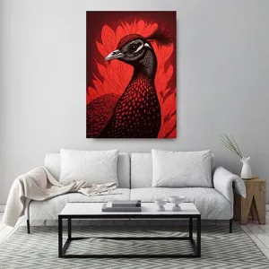 Kunstdruck Pfau – Im Stil eines Holzschnitts zeigt dieser Kunstdruck einen Pfau in tiefem Rot und Schwarz, hinter dem sich ein Kranz aus Federn fächerförmig öffnet