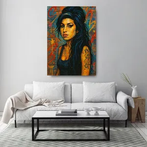 Kunstdruck Amy bunt Wall – Die langen, dunklen Haare mit Haarband rahmen ein ruhiges Gesicht in warmem Ocker, dahinter eine Ziegelwand voller Schriftzüge, Sterne und Farbläufe in Türkis und Orange