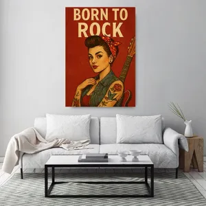 Kunstdruck Rockabilly Girl 5 born to rock – Vor sattem Rot trägt ein Rockabilly-Girl Jeansjacke, rot gepunktetes Haarband und ein Rosen-Tattoo, über ihrer Schulter ragt ein Gitarrenhals hervor